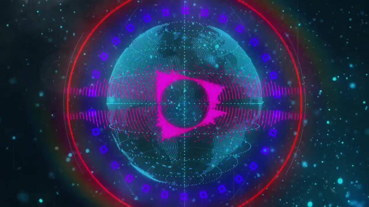 Globo 3D turchese rotante che orbita attorno a un anello a forma d'onda magenta, con quadrati viola che segnano i punti dati.