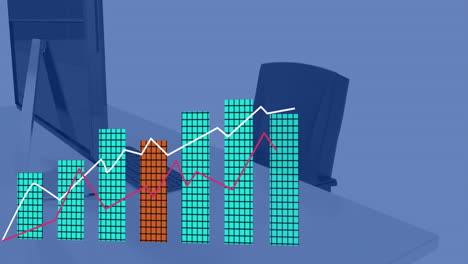 Animation-of-statistics-and-digital-data-processing-over-desk-on-blue-background