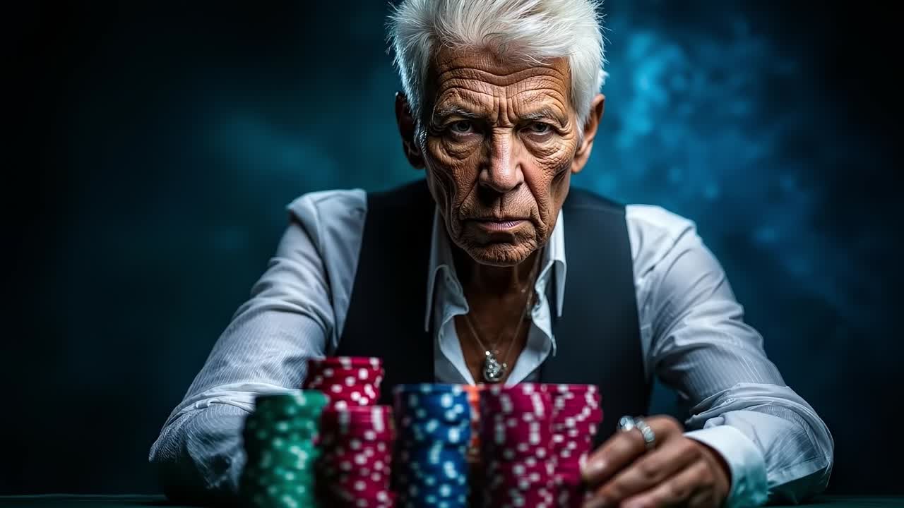 포커 을 가지고 테이블에 앉아 있는 남자