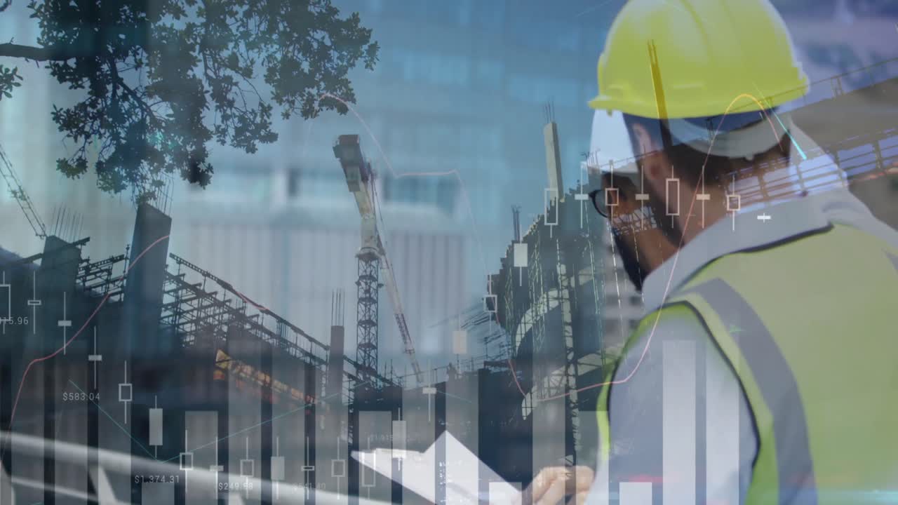 ingenieros discutiendo el plan y un edificio en construcción con gráficos