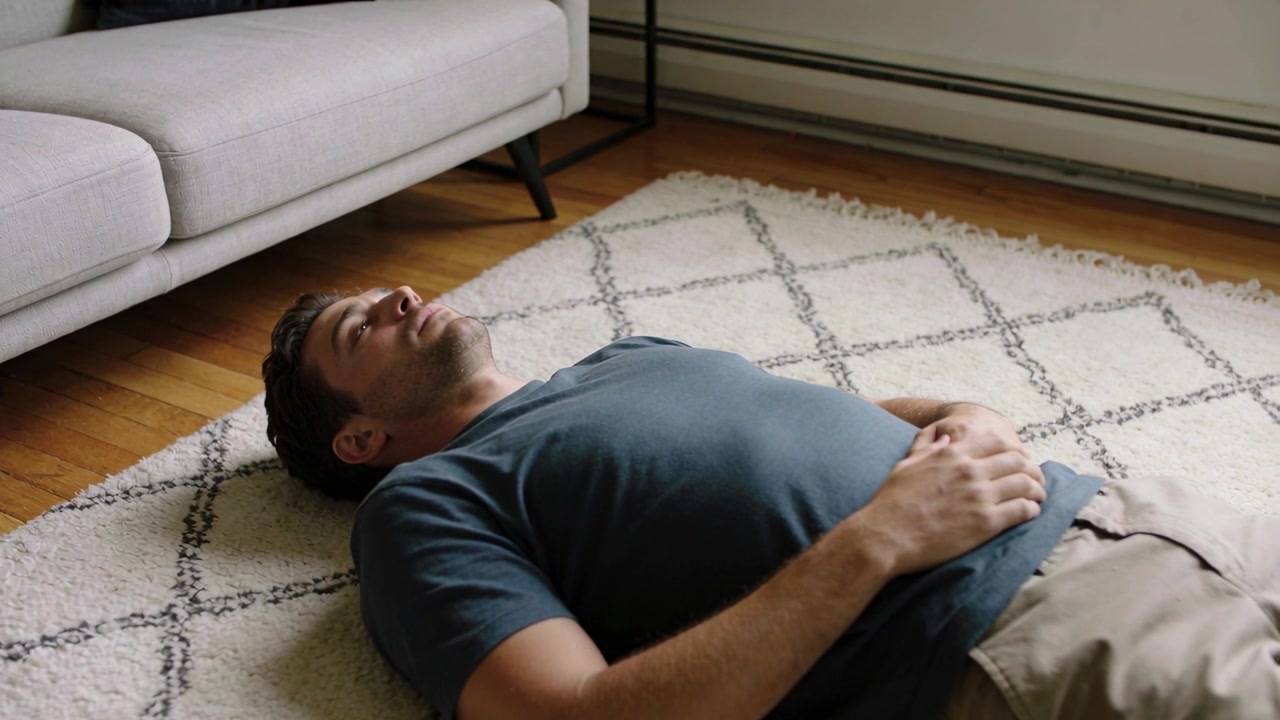 Recording capturing man in blue t-shirt khaki pants breathing on rug beside sofa at home