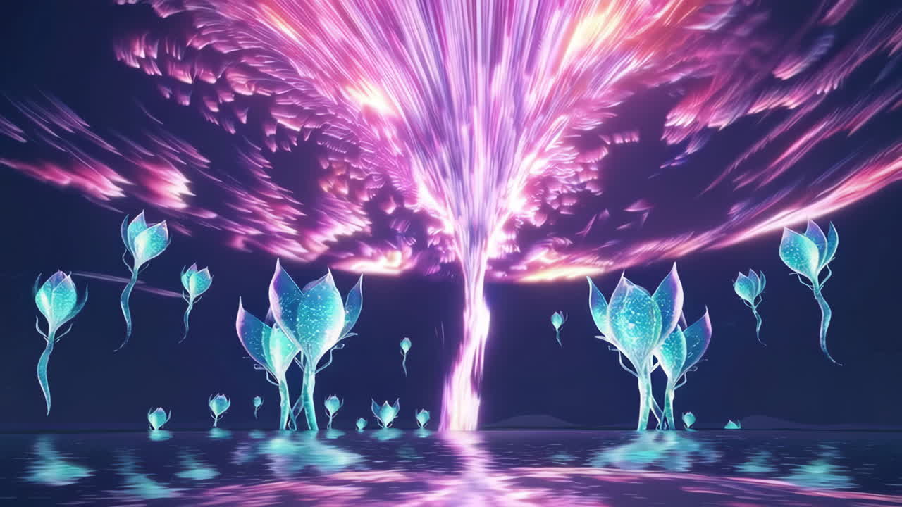 光り輝く幻想的な木と浮かぶ花