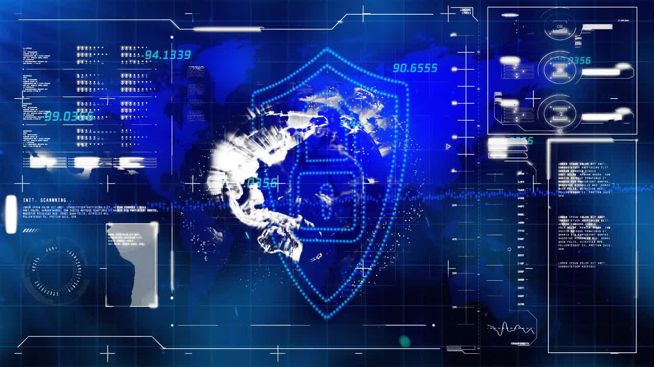 Scan starting, globe rotating, lands brightening, shield forming, padlock locking, securing network