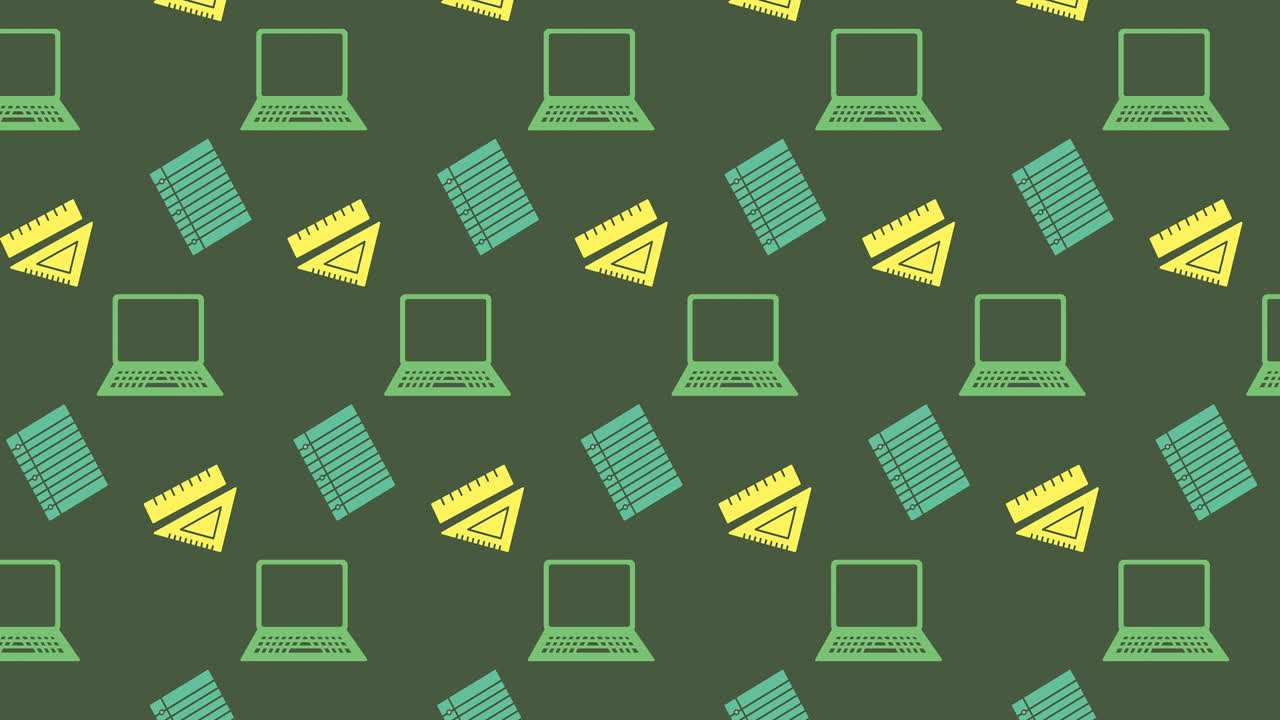 animación de los iconos de los artículos escolares que se mueven sobre un fondo verde