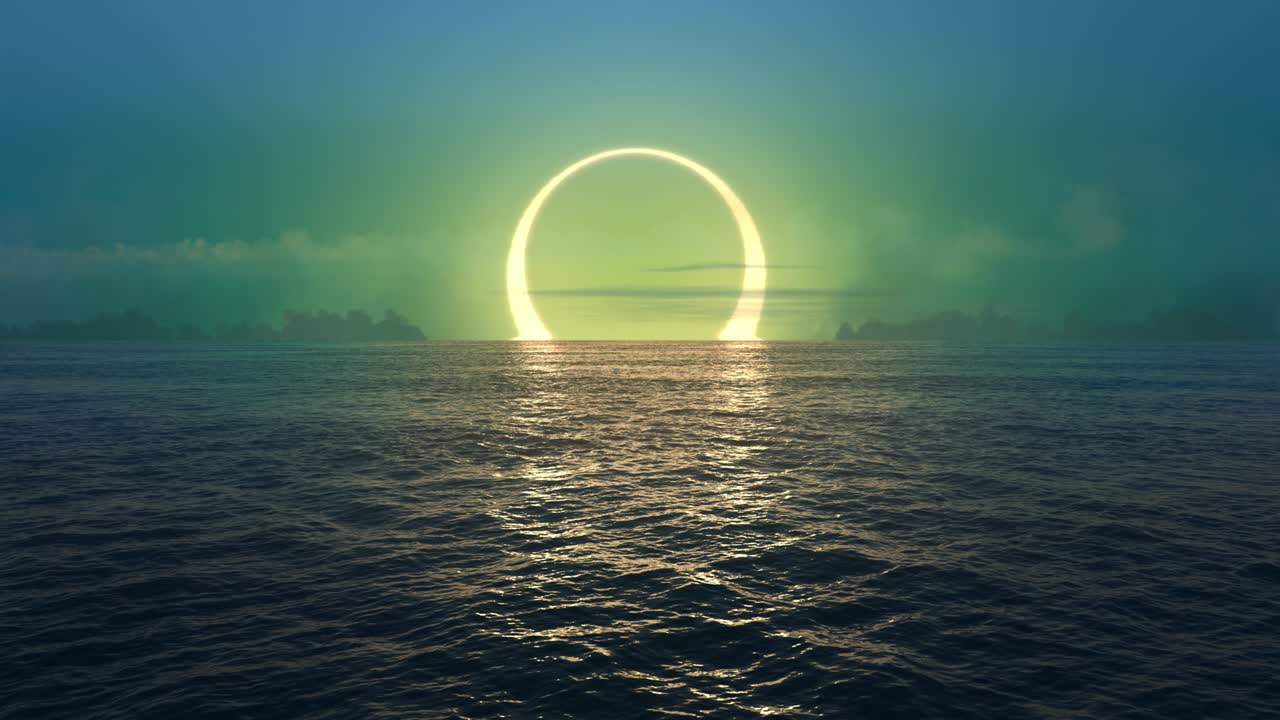 Green planet - sunset and solar eclipse over seamlessly looped ocean.