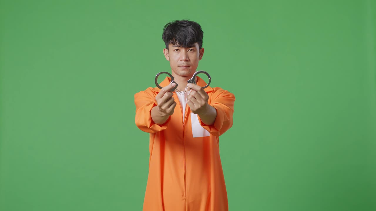 아시아 남성 죄수 가 녹색 스크린 배경 에 서 있는 동안 카메라 에 수갑 을 보여주고 있다