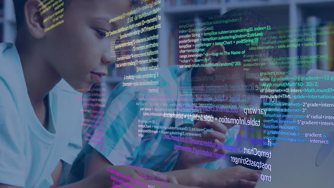 Animation of data processing over happy biracial schoolboys using laptop in library