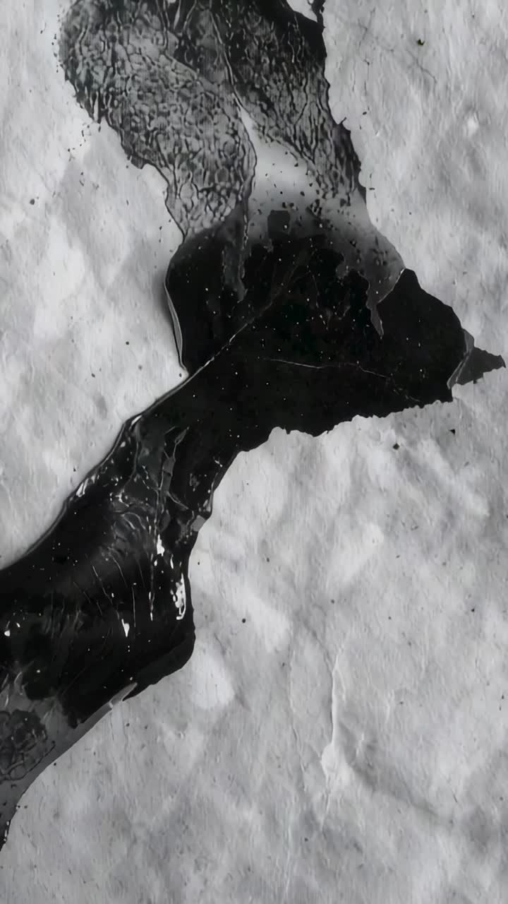 Vertical video: Flowing black ink spreading from left puddle over crumpled paper with drops for lab
