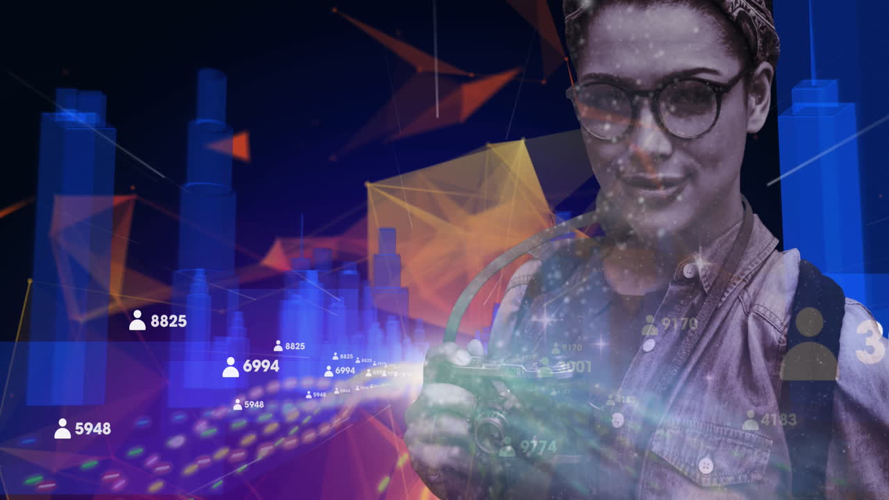 mujer con una cámara digital sobre un modelo de ciudad en 3d contra las redes plexus