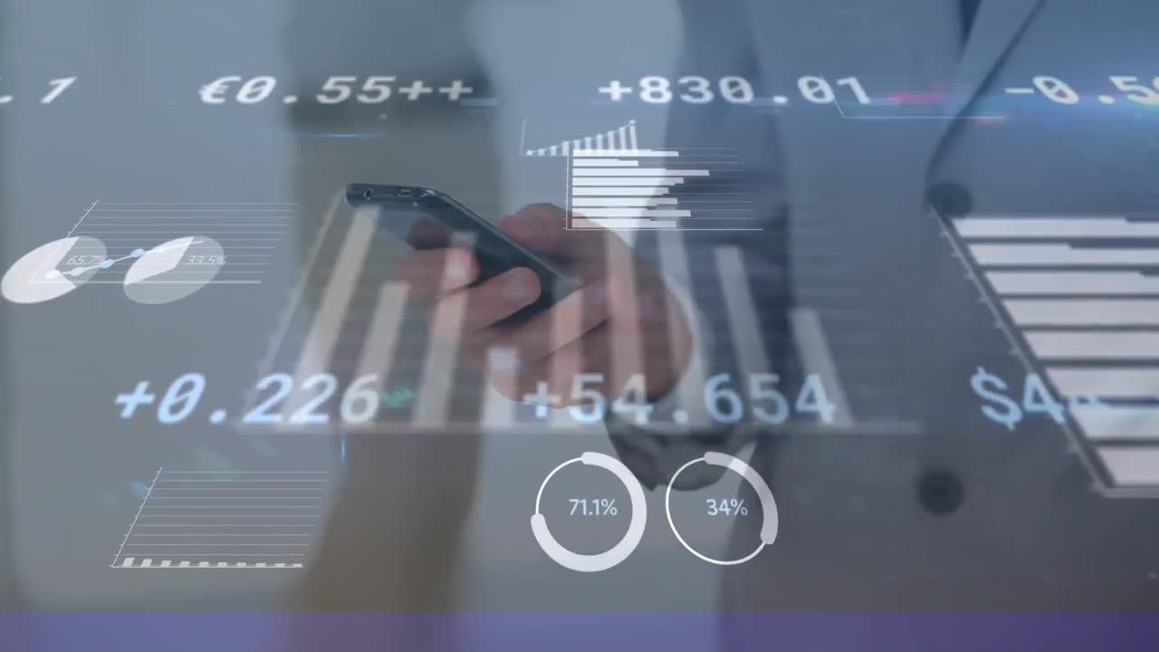 Animation of businessman using smartphone with financial data processing