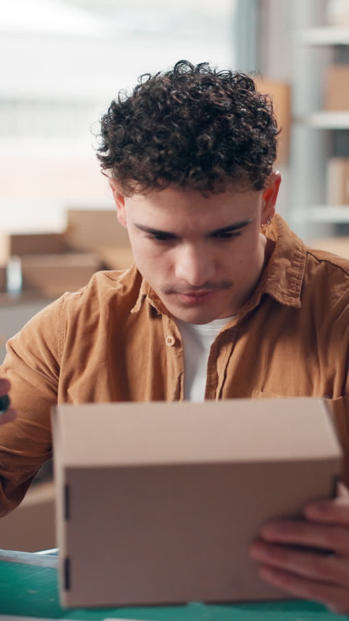 Young Man Scanning Cardboard Box with Smartphone for Delivery