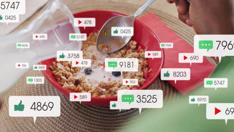 Man wearing green shirt scooping cereal at kitchen table, showing floating digital marketing icons