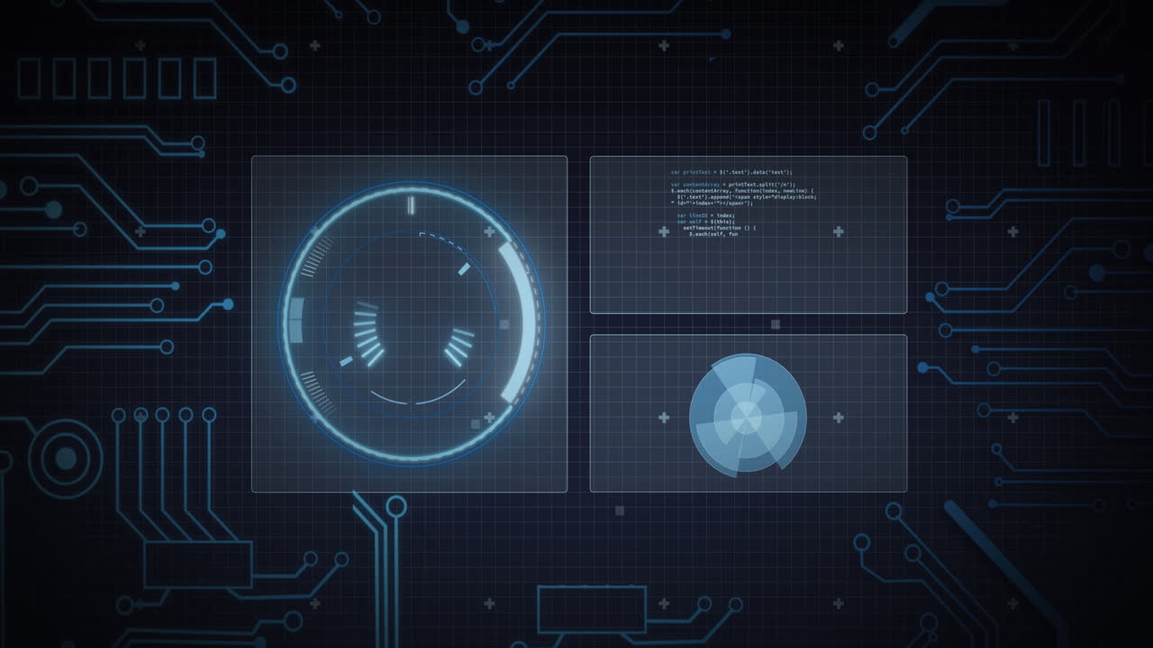 Animation of scope scanning, processor elements and data processing on screens over grid