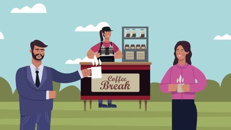 coffee shop animation with clients and female worker scene