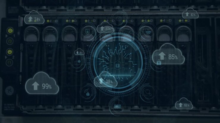 Round scanner and cloud icons with increasing percentage against close up of a computer server