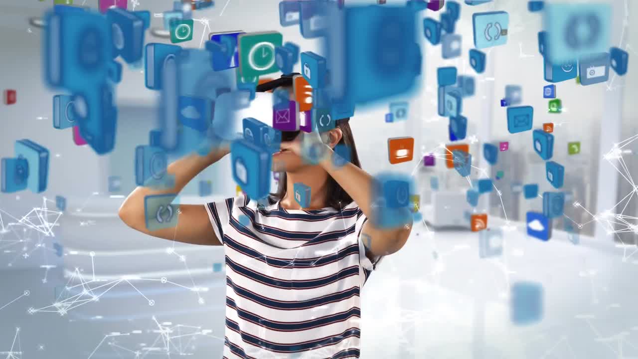 animación de iconos azules volando sobre una mujer usando auriculares vr