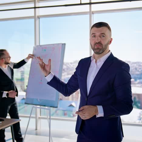 portrait of executive man in office center. business people working at new blueprint on the window city background. handsome businessman in suit talking on camera
