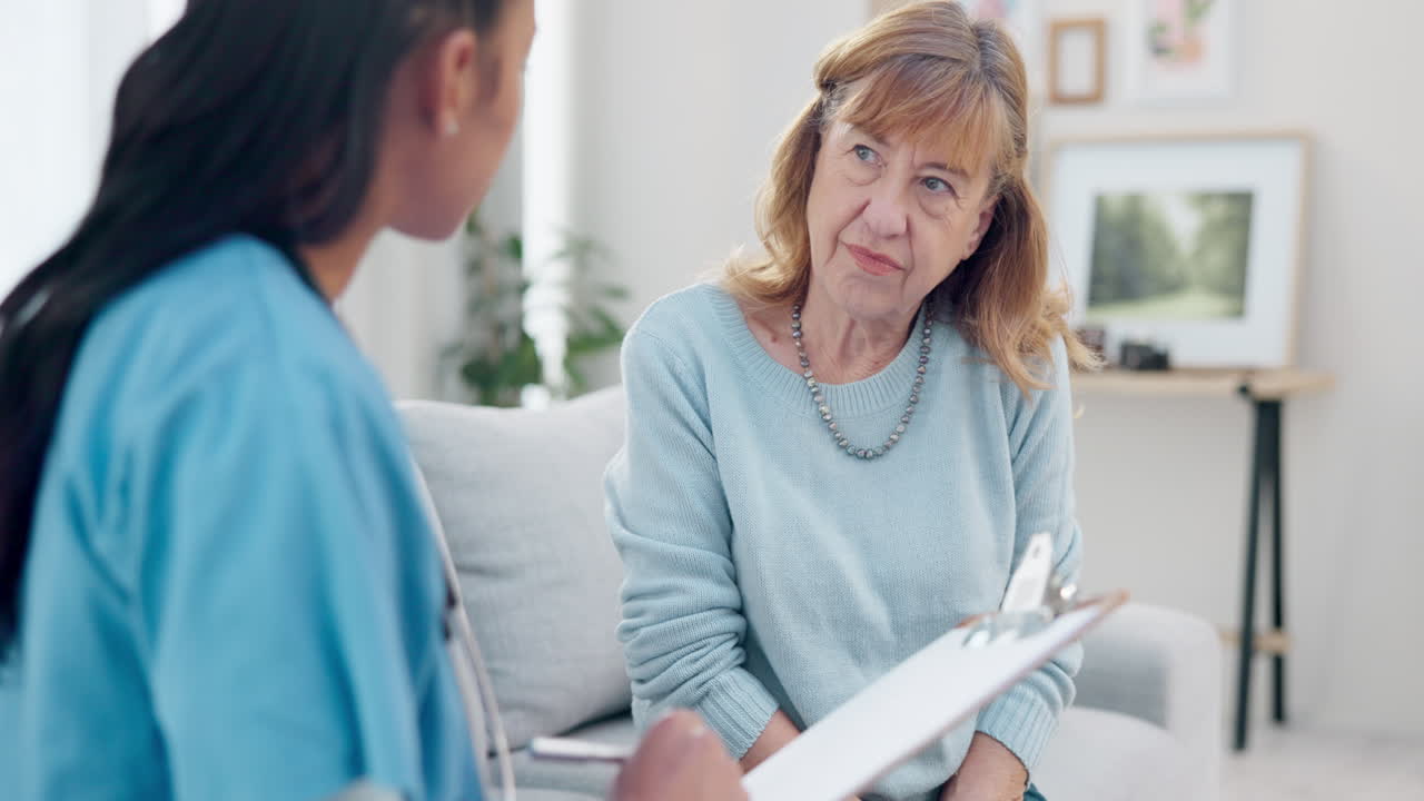 Checklist, senior and woman talking to nurse