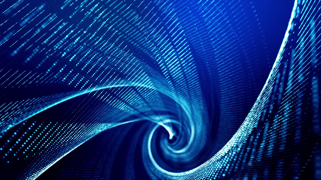 4k looped abstract background of glow particles form lines, surfaces as futuristic landscape in cyberspace or hologram. Sci-fi theme of microworld, nanotechnology or cosmic space. Blue spiral 15