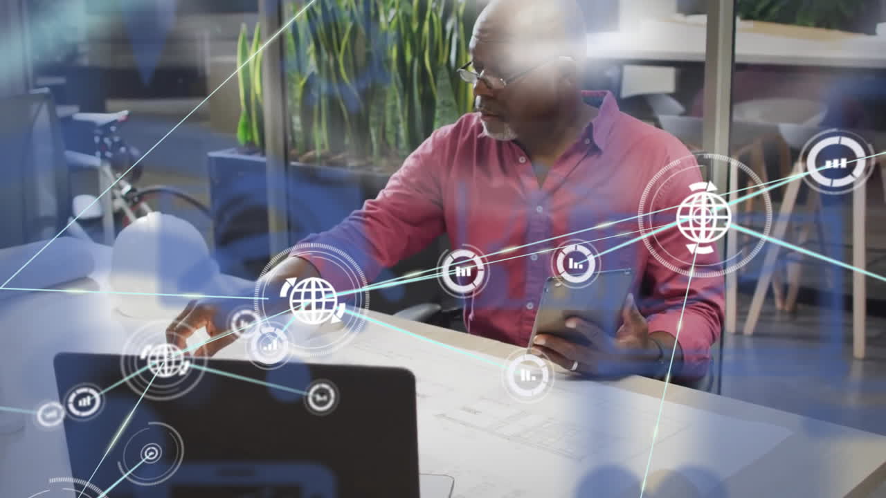 Animation of network of connections over african american businessman in office