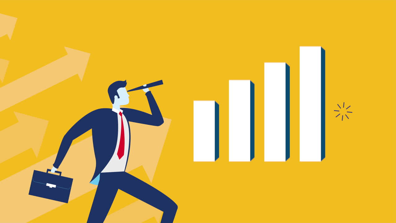 hombre de negocios trabajador con telescopio y estadísticas