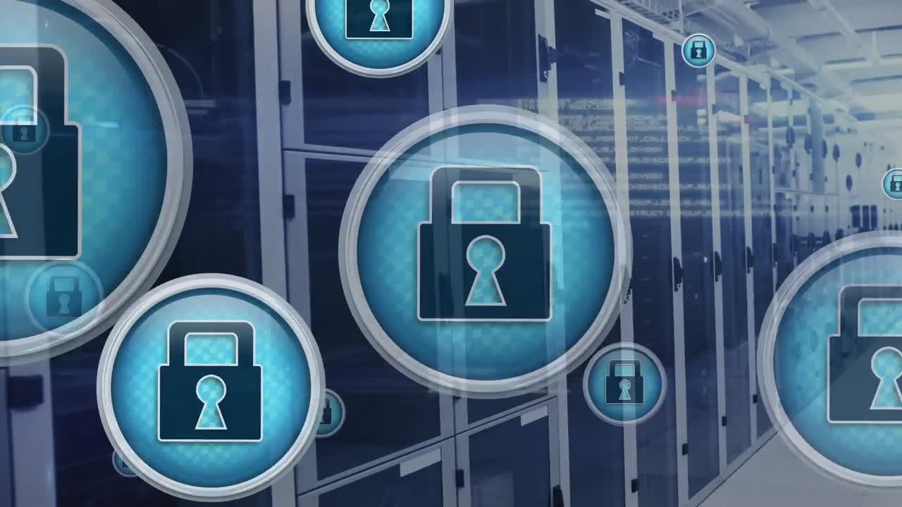 animación del candado en círculos y lenguaje informático sobre la sala del servidor de datos