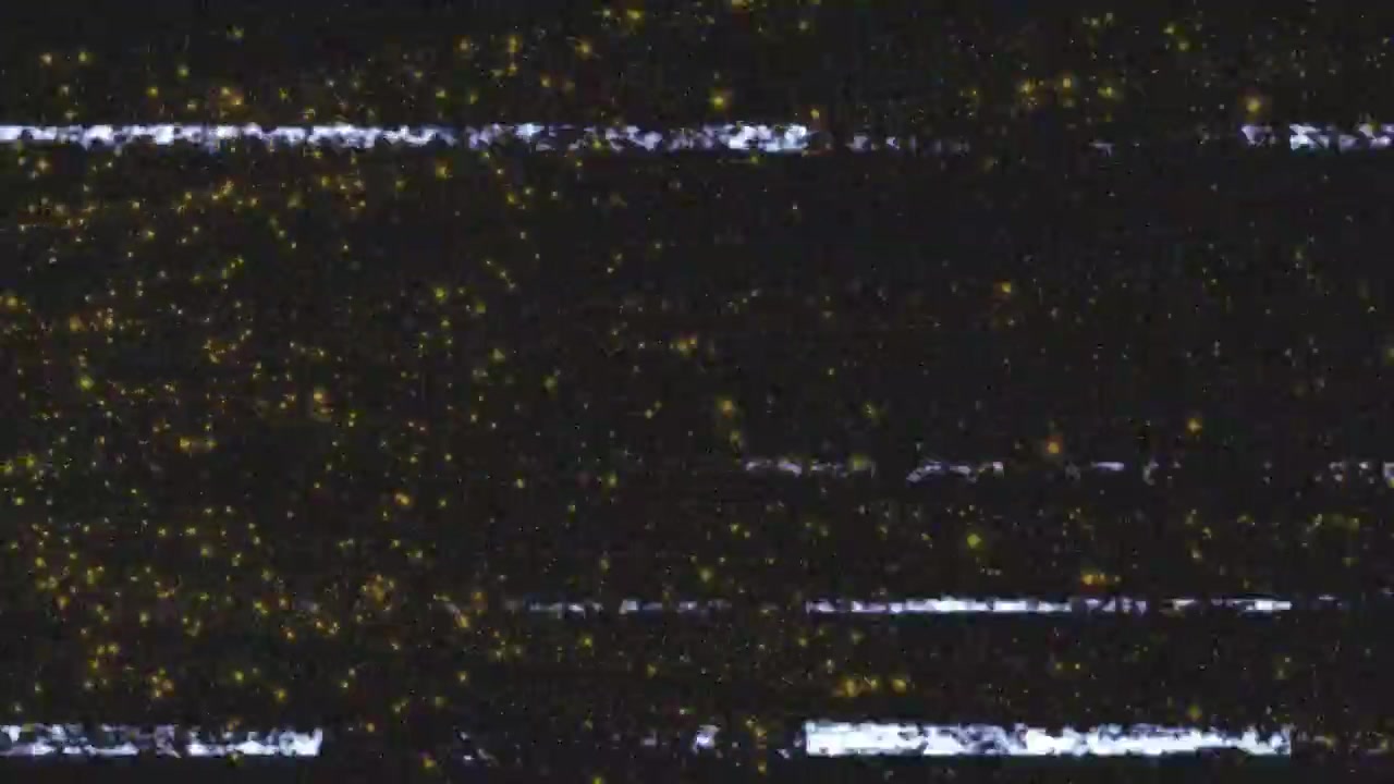 digital noise pattern unfolding in flat design, with glowing golden specks and glitch bands
