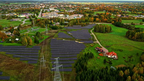 aerial view of a solar farm in autumn