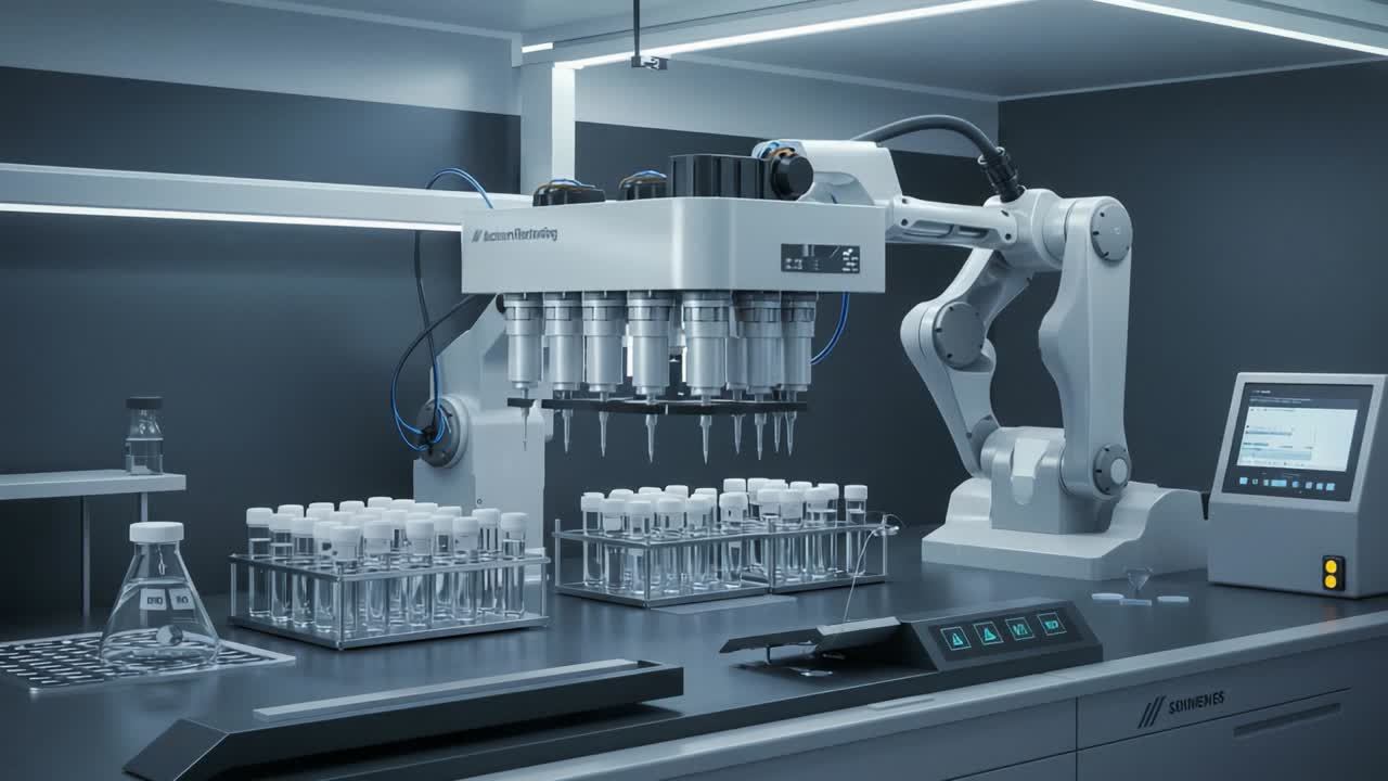 Advanced Robotic Arm in a Laboratory Setting, Conducting Precision Liquid Handling and Sample Preparation with Automated Pipetting Technology