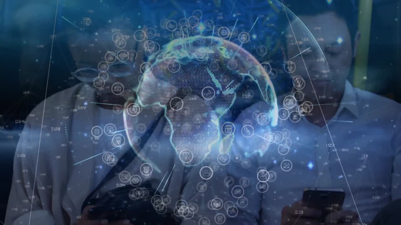 una red de conexión que forma un globo contra dos hombres que usan teléfonos inteligentes y tabletas digitales