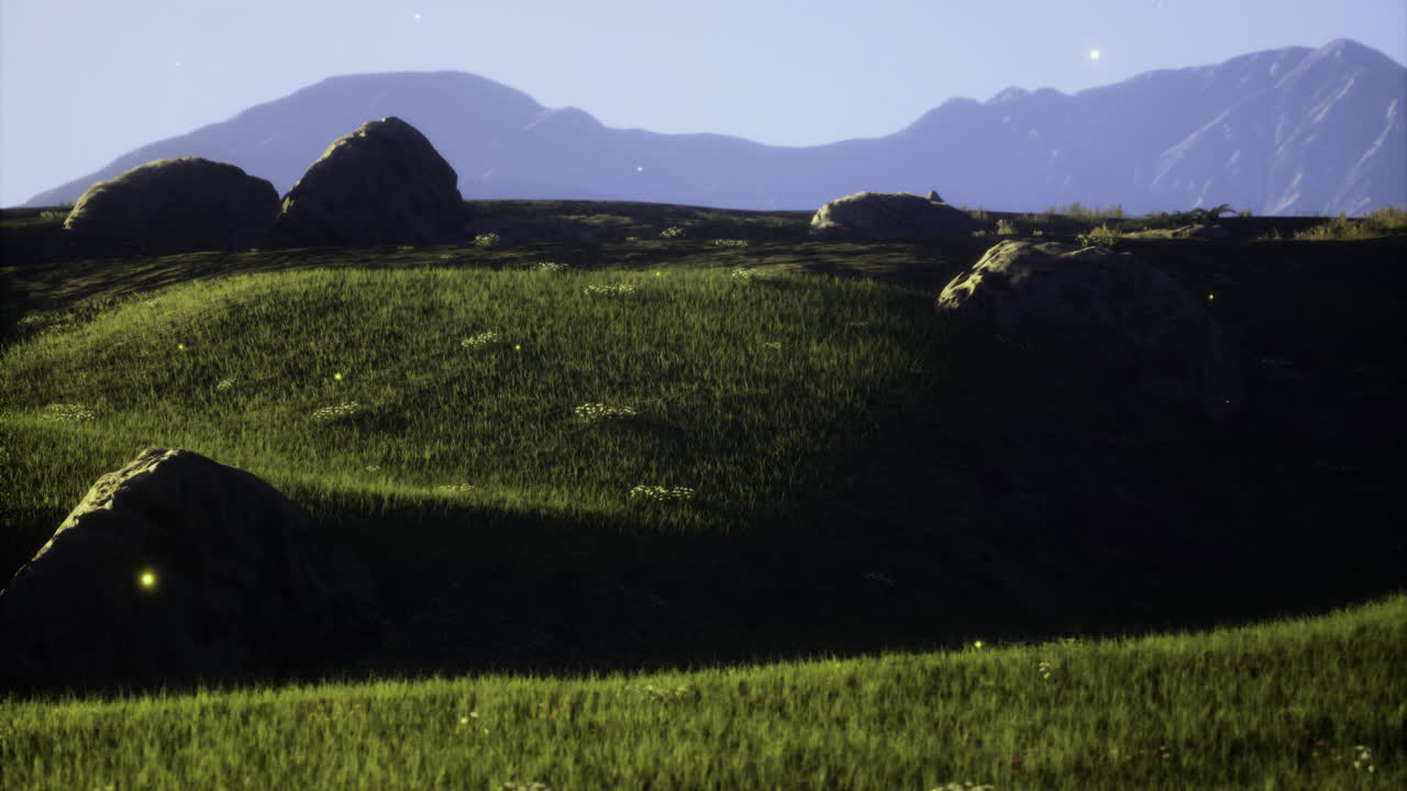 Golden hour illuminates vibrant hills and mountains beauty