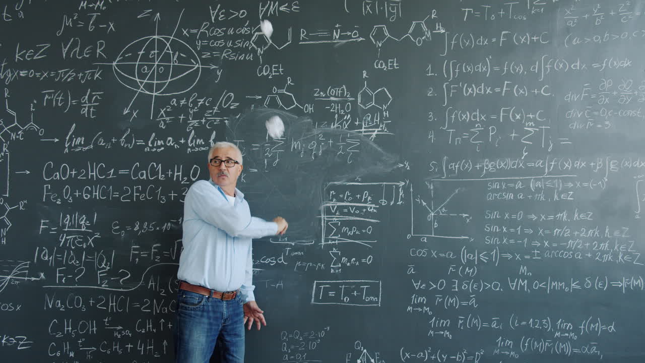 Teacher in Front of a Blackboard Full of Equations