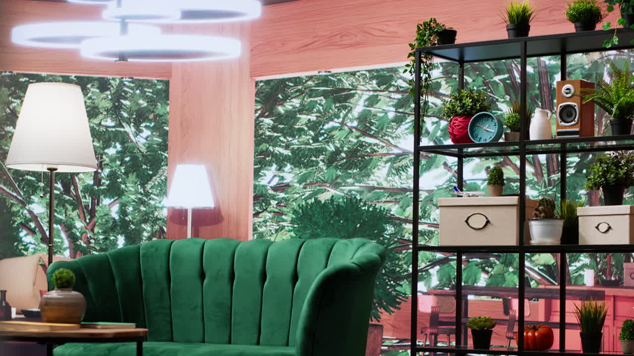 우아한 가구와 자연빛과 파노라마 창문이 있는 쾌적한 빈 방