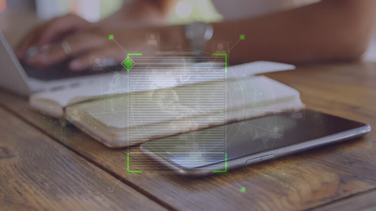Animazione di elaborazione dati su una persona che usa un computer portatile