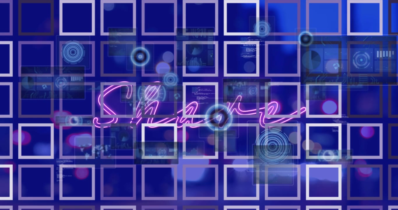 Digital animation of purple squares symbolizes data processing and tech communication.