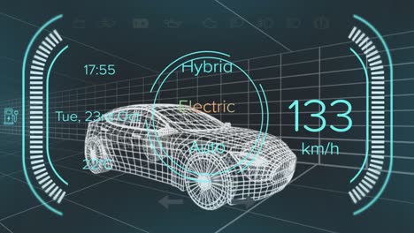 animation of speedometer and power status data on hybrid vehicle interface, over 3d car model