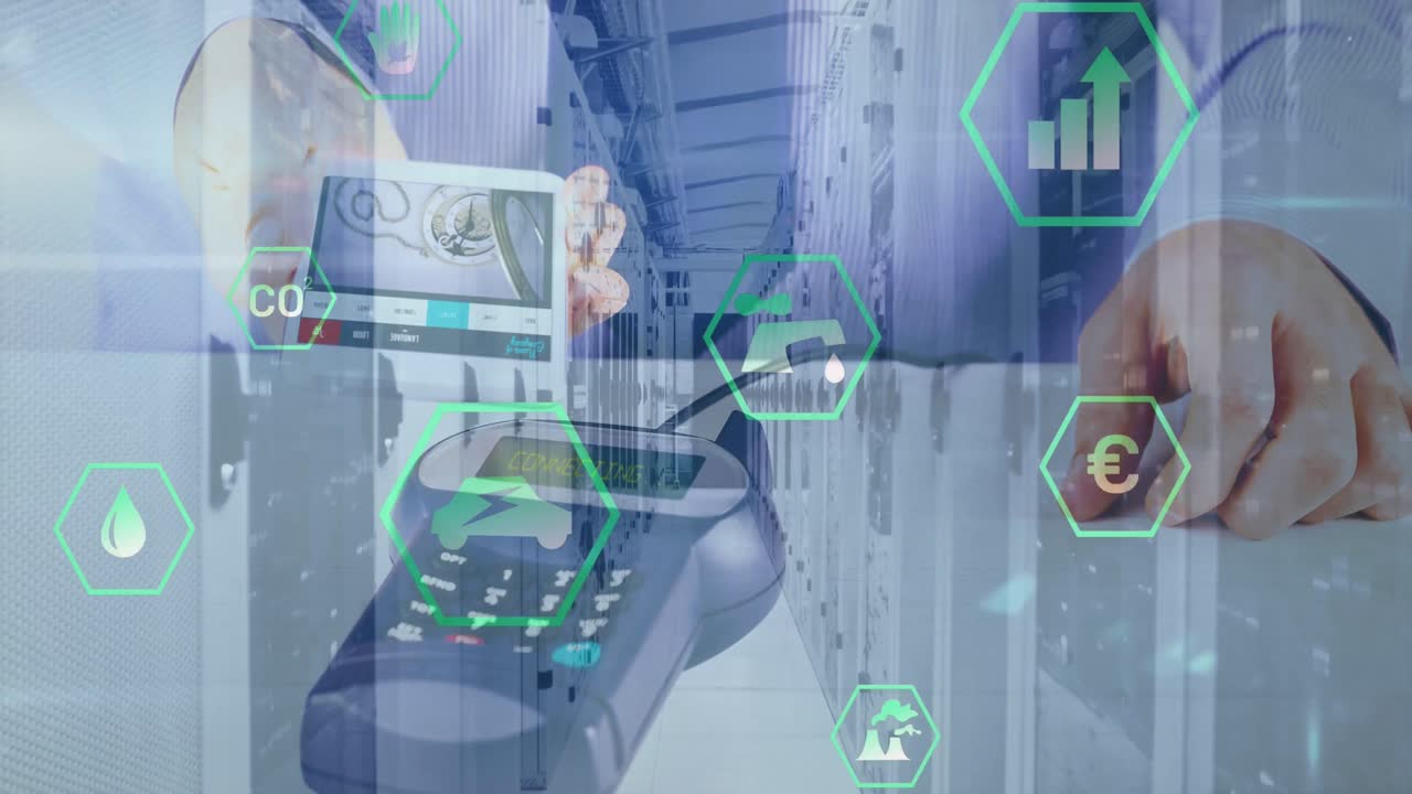 animación de iconos en hexágonos flotando sobre el hombre caucásico usando pagos inalámbricos