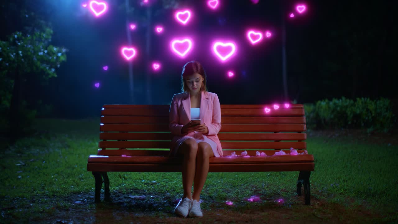 A serene moment captured in two frames of a young woman sitting alone on a park bench illuminated by soft blue lighting, surrounded by floating hearts, conveying feelings of love and connection through her phone