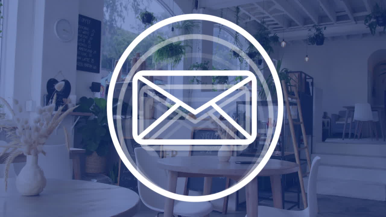 Email icon animation over cozy cafe interior with plants and wooden furniture