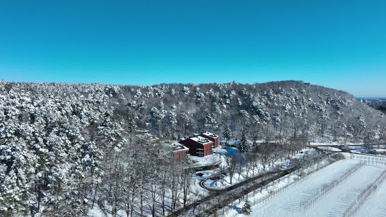 A stunning drone shot of red brick modern houses nestled in a snowcovered forest under a clear blue sky in Gdansk, Poland. Perfect for real estate and winter travel content