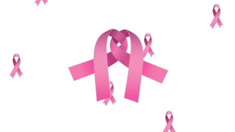 animation of multiple pink ribbon logo falling over pink ribbons appearing on white background