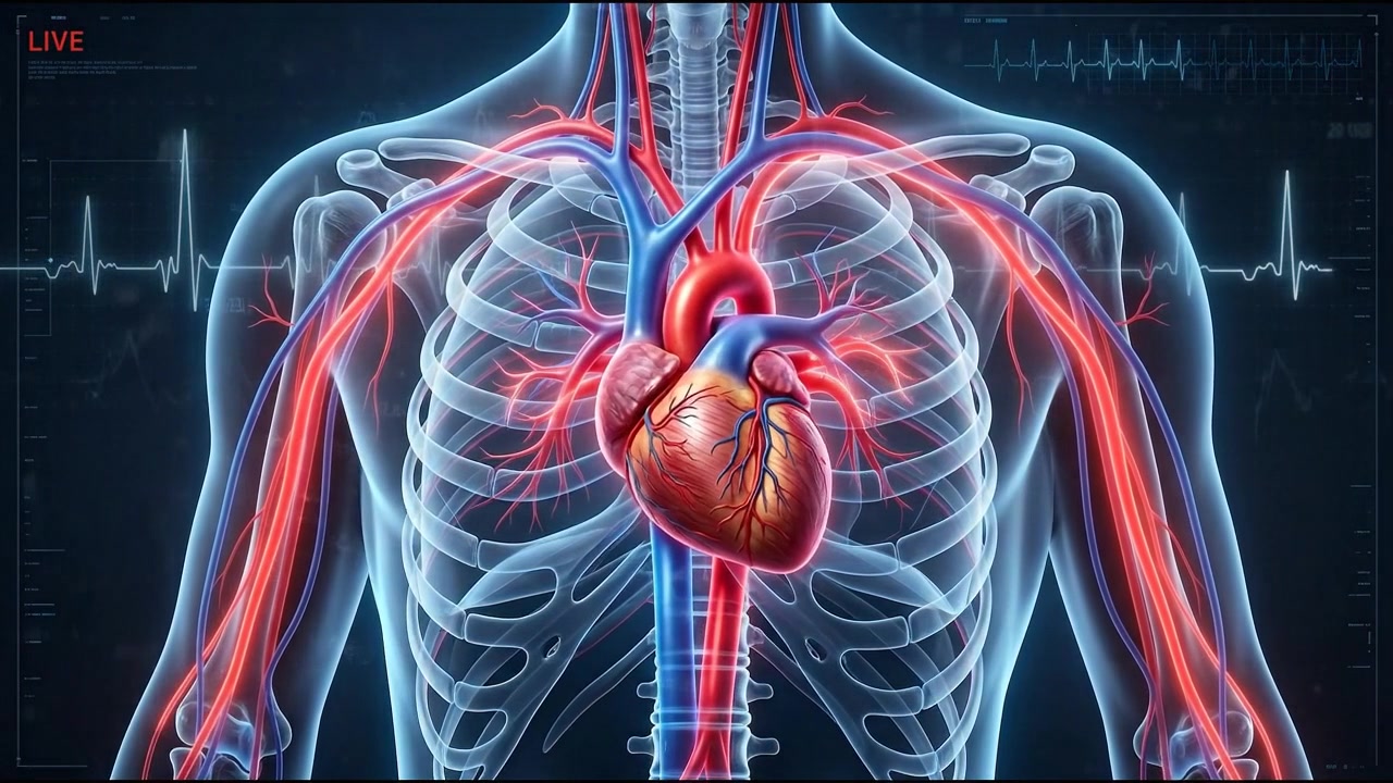 Glowing heart and major vessels shown within transparent upper torso anatomy