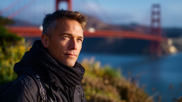 Una figura contemplativa è messa a fuoco sullo sfondo mozzafiato del Golden Gate Bridge, catturando un momento di riflessione nella serena luce mattutina vicino all'acqua