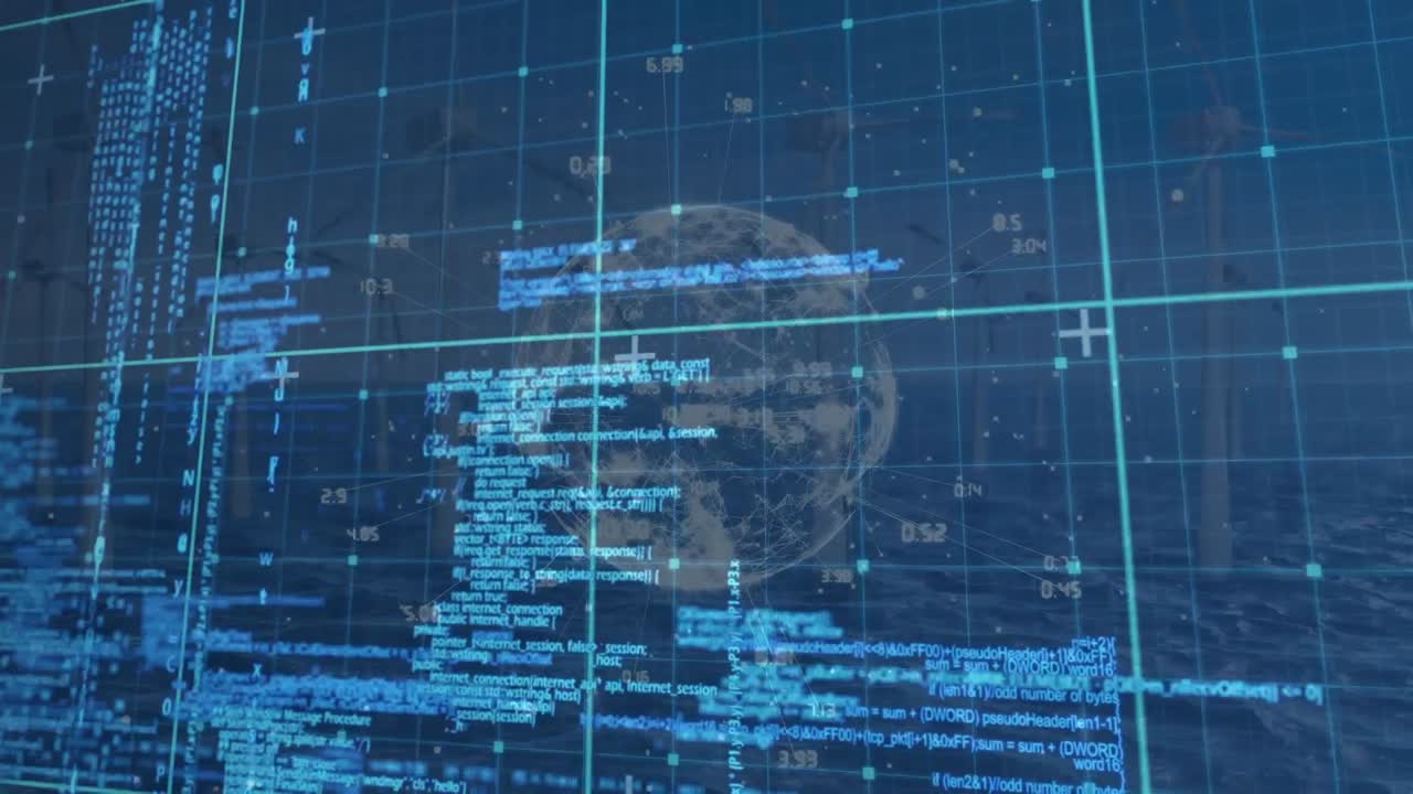 Animation of data processing and cityscape over globe