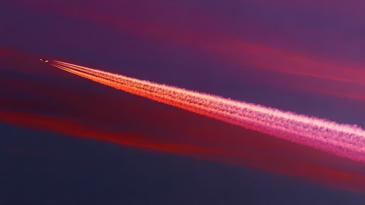 A stunning display of vibrant clouds at twilight captures the majestic flight of an airplane, leaving behind a beautiful contrail that streaks across the colorful sky