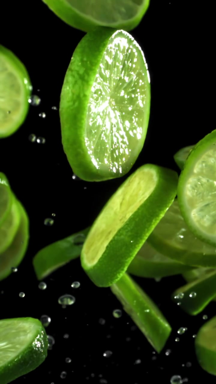 Fette di lime fresche che cadono e schizzano con goccioline d'acqua al rallentatore