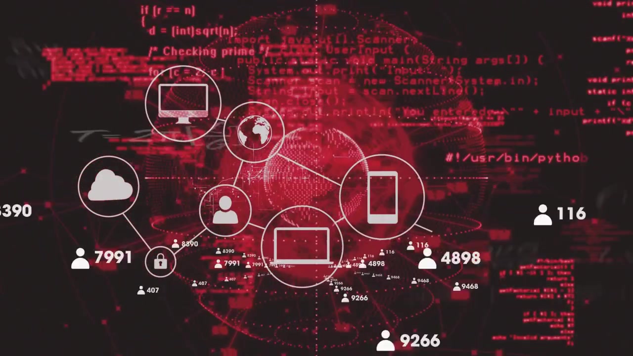 Cloud icon appearing at red sphere forming lock and user icons connecting into data network