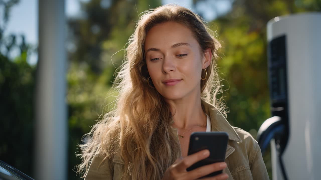 Uma jovem mulher com cabelos longos sorri enquanto verifica seu celular em uma estação de carregamento de veículos elétricos, desfrutando de um momento de conexão com a tecnologia em um ambiente sereno.