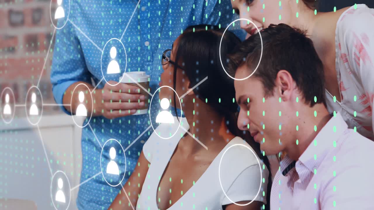 animación de la red de iconos sobre diversas personas de negocios en la oficina