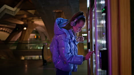 girl choosing snacks vending machine standing in subway. woman in headphones.